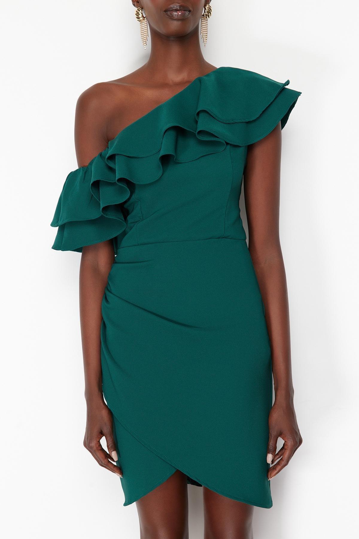 Green Single Sleeve Frilly Elegant Evening Dress, , large image number 4