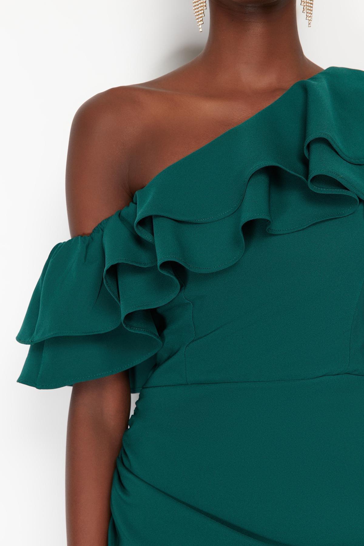 Green Single Sleeve Frilly Elegant Evening Dress, , large image number 5