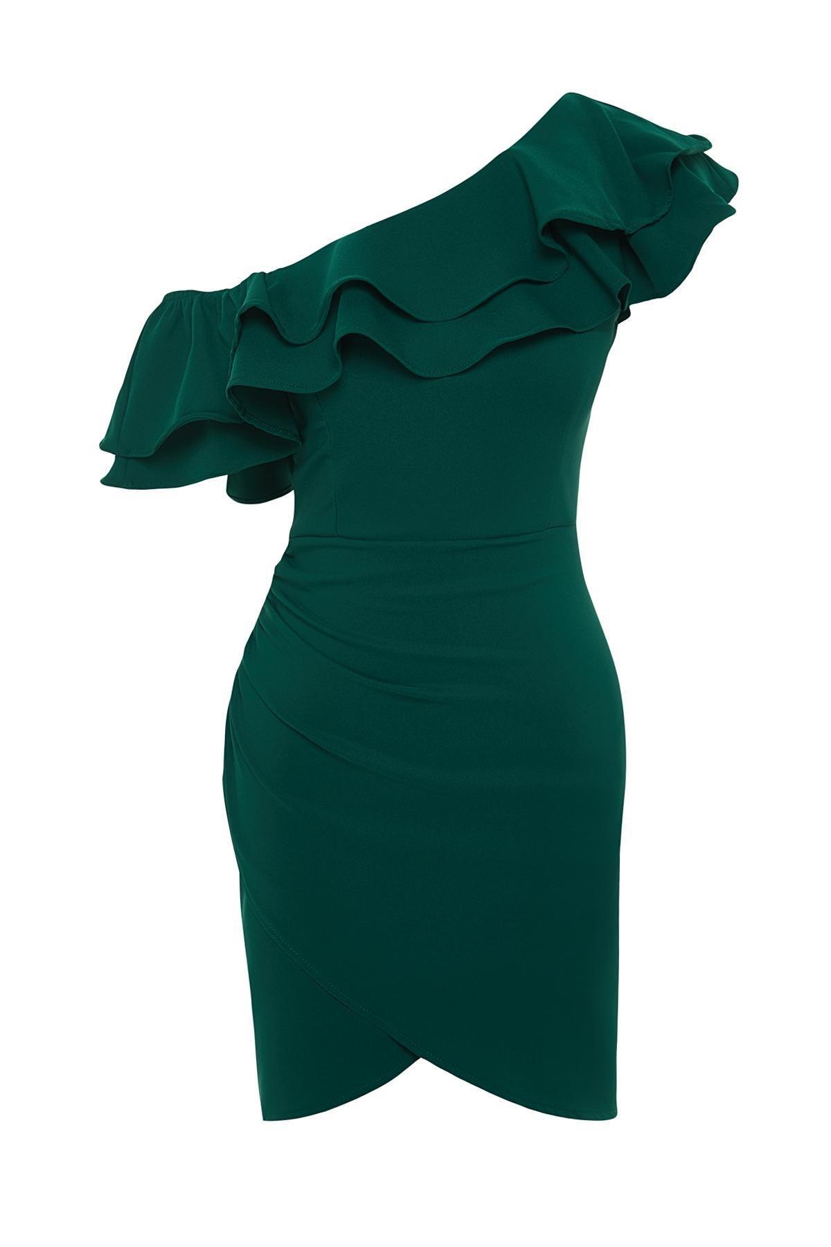 Green Single Sleeve Frilly Elegant Evening Dress, , large image number 6
