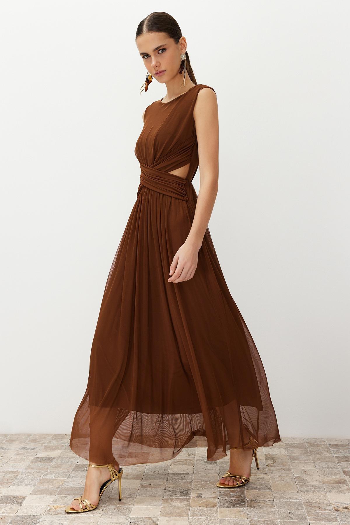 Brown Detailed Knitted Dress, , large image number 0