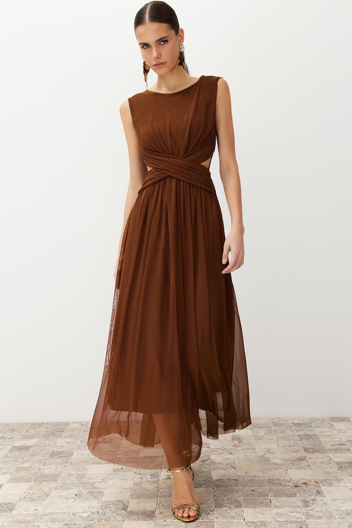 Brown Detailed Knitted Dress, , large image number 1