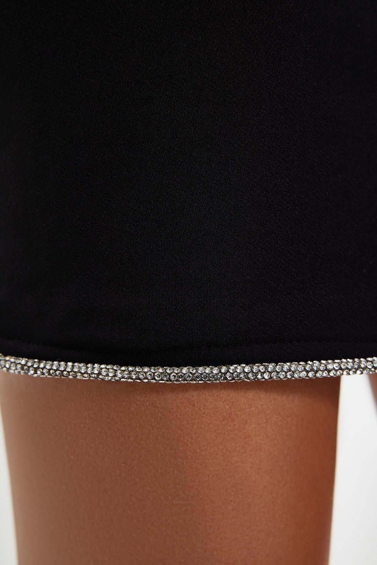 Black Fitted Shiny Stone Skirt, BLACK, large image number 4