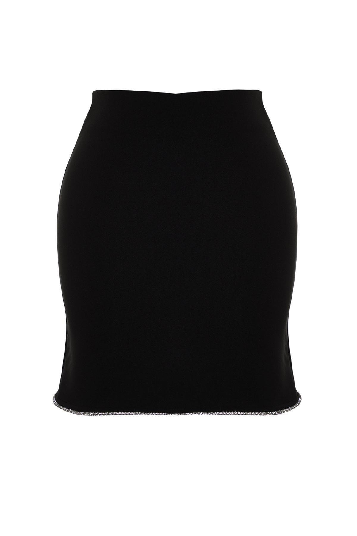 Black Fitted Shiny Stone Skirt, BLACK, large image number 5