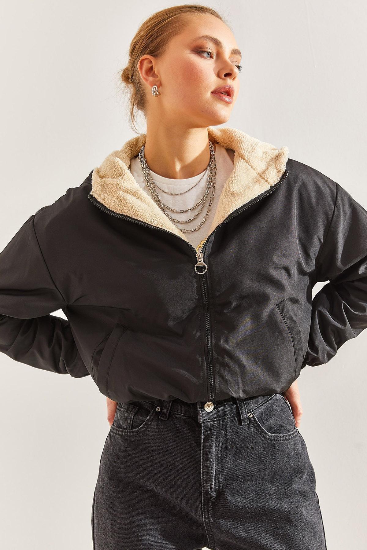 Black Plush Hooded Coat, BLACK, large image number 0