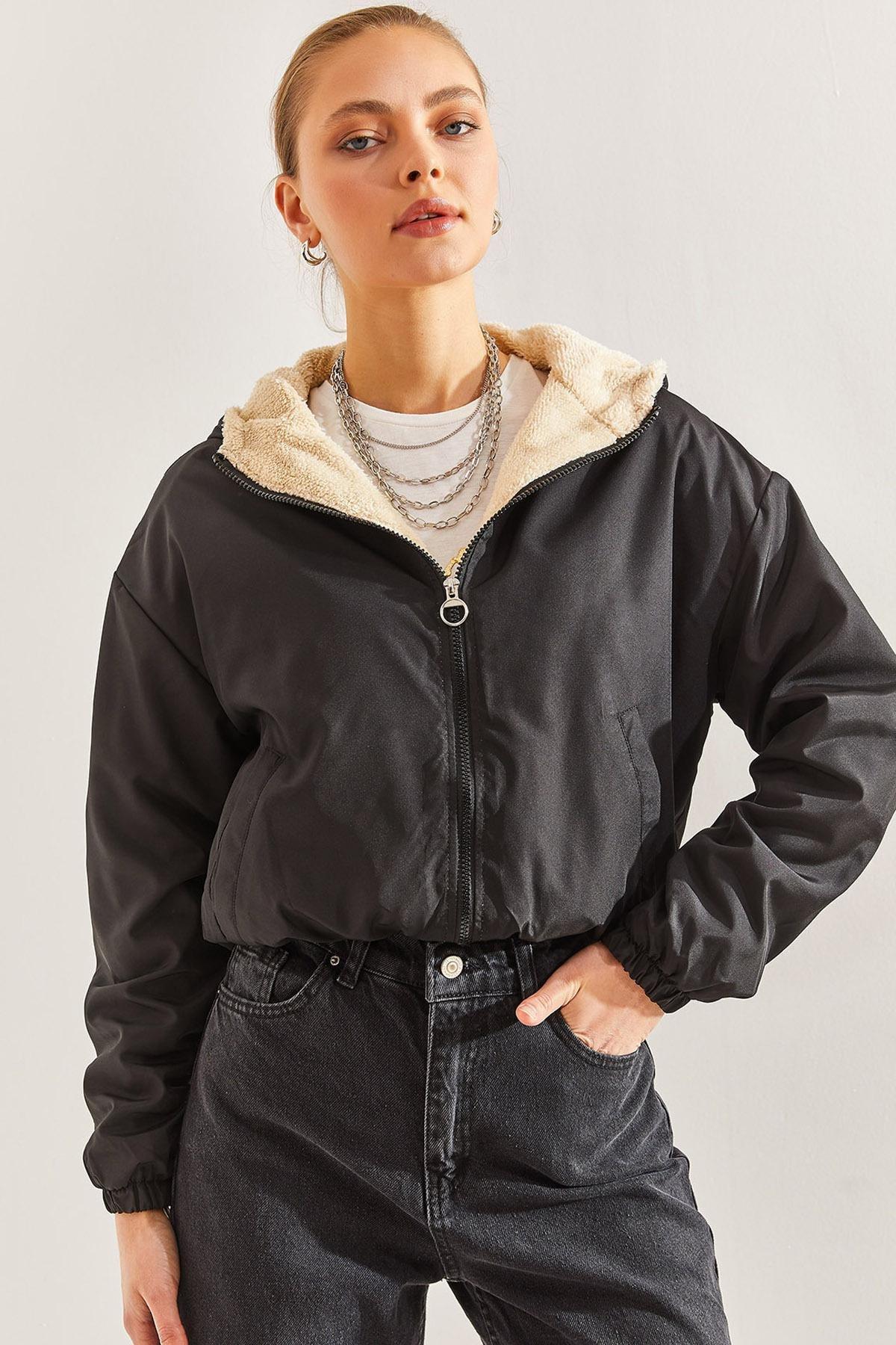 Black Plush Hooded Coat, BLACK, large image number 1