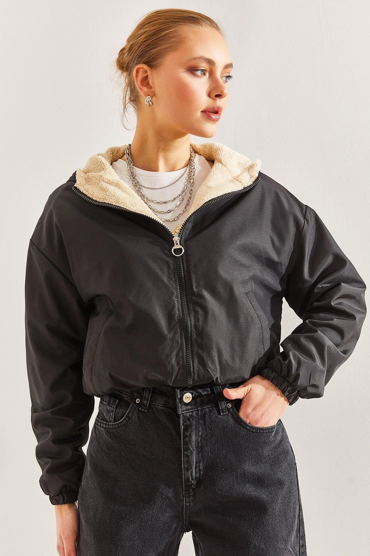 Black Plush Hooded Coat, BLACK, large image number 2