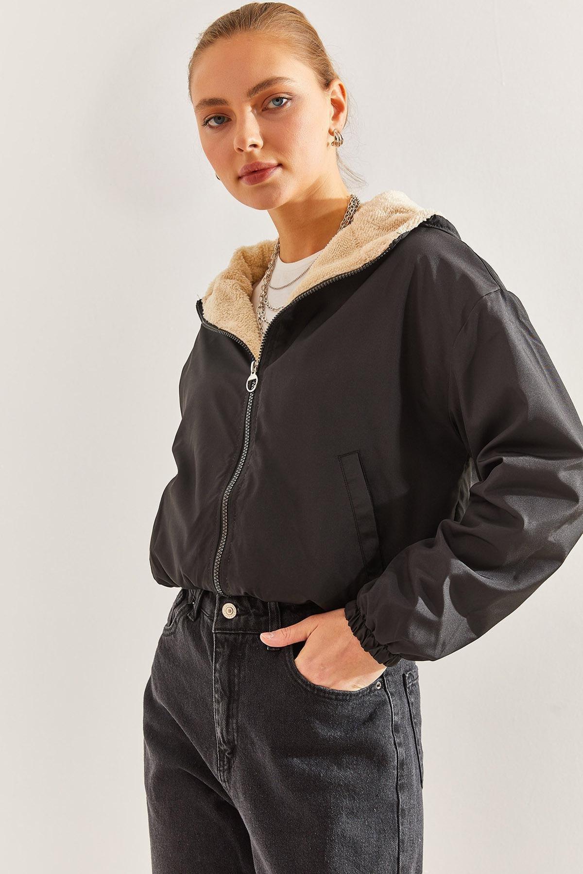 Black Plush Hooded Coat, BLACK, large image number 3