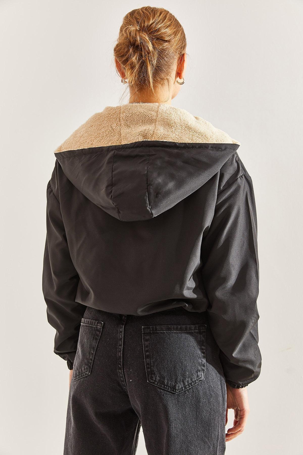 Black Plush Hooded Coat, BLACK, large image number 4