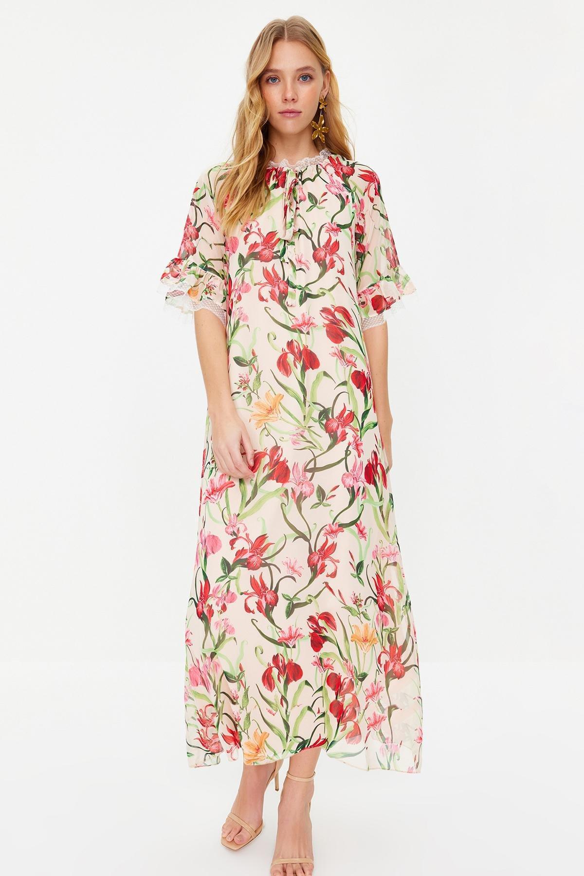 Ecru Floral Chiffon Occasion Wear Dress, , large image number 0