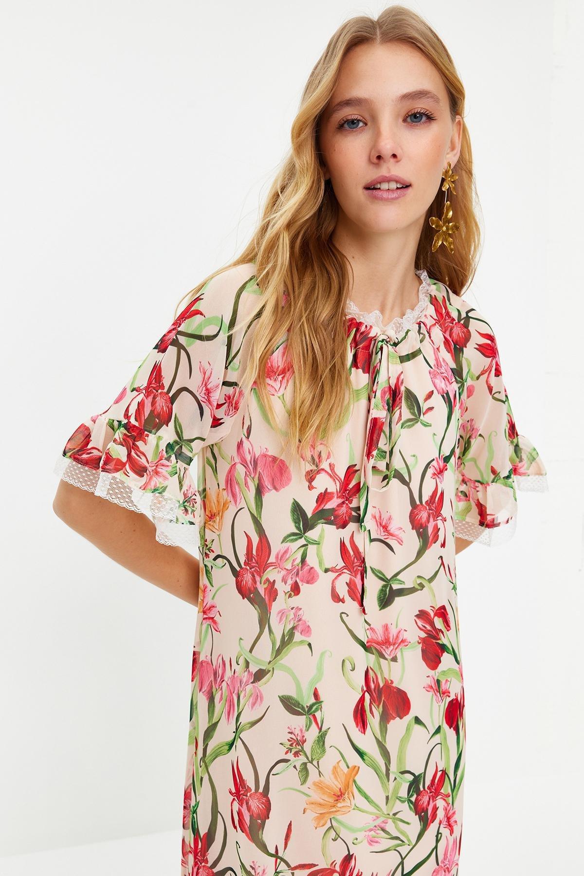 Ecru Floral Chiffon Occasion Wear Dress, , large image number 1