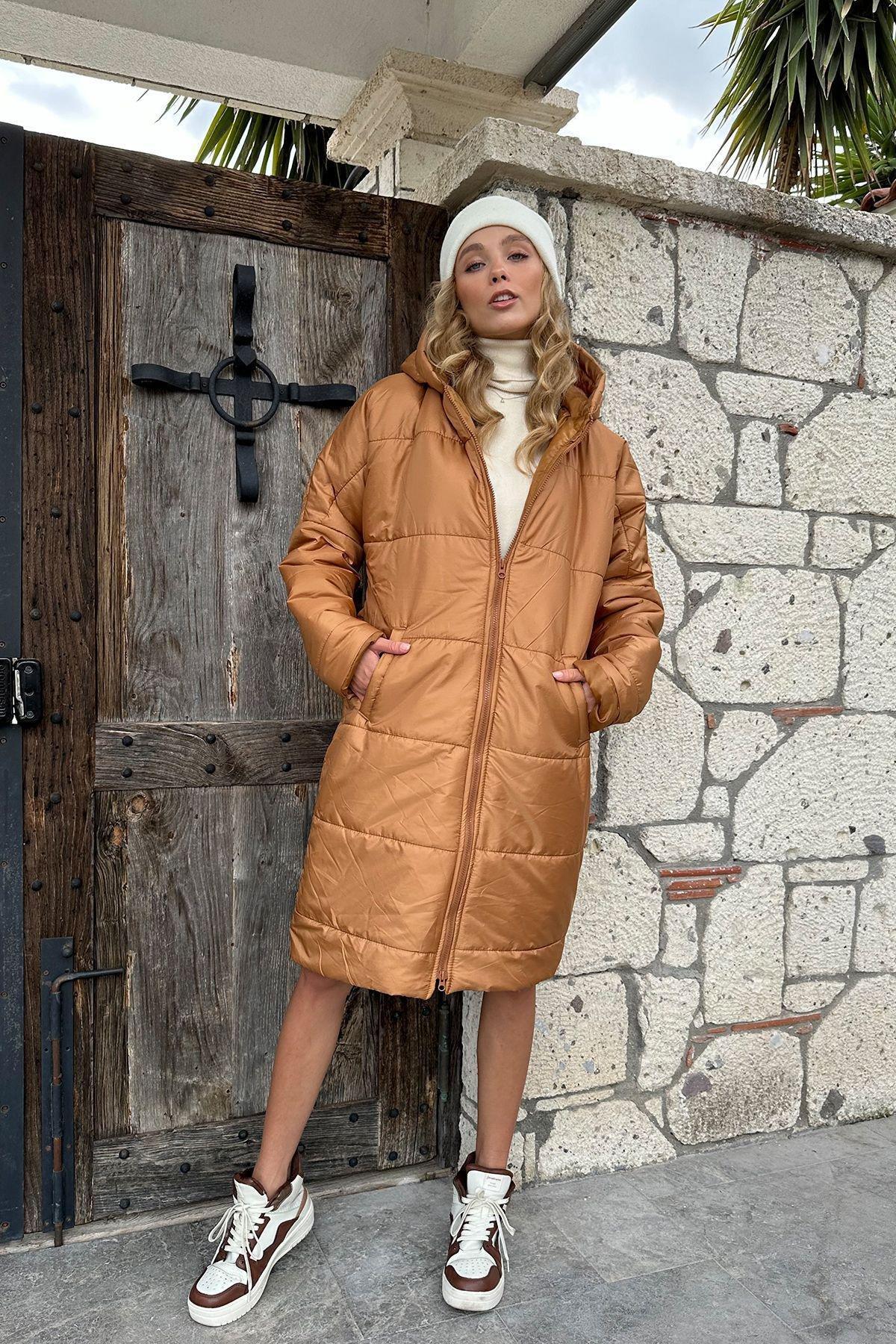 Brown Hooded Lined Quilted Coat, C101_6806, medium