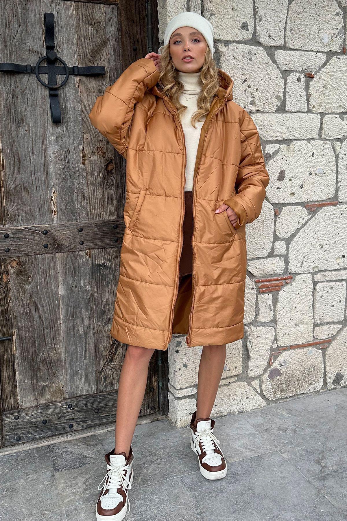 Brown Hooded Lined Quilted Coat, C101_6806, large image number 1