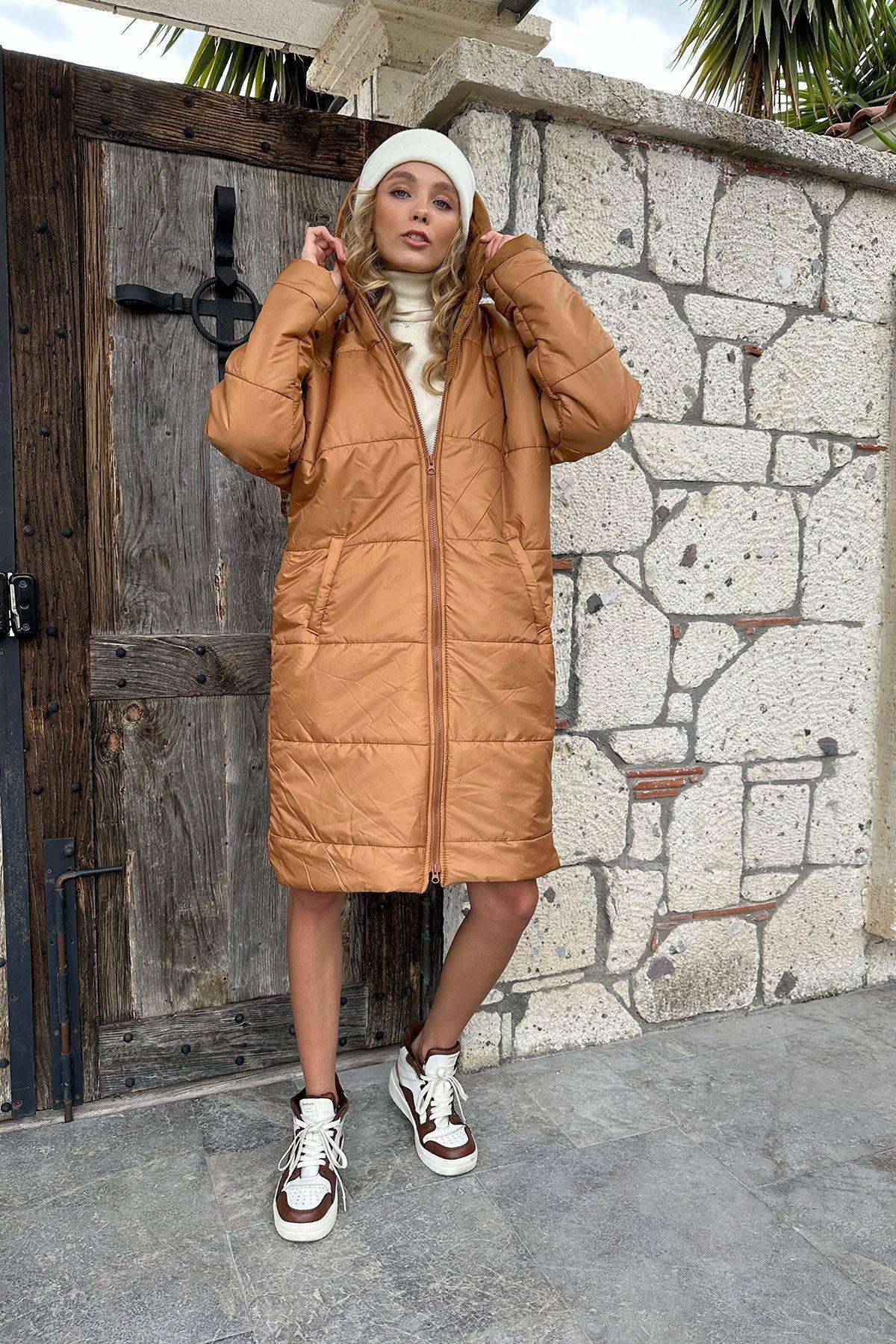 Brown Hooded Lined Quilted Coat, C101_6806, large image number 2