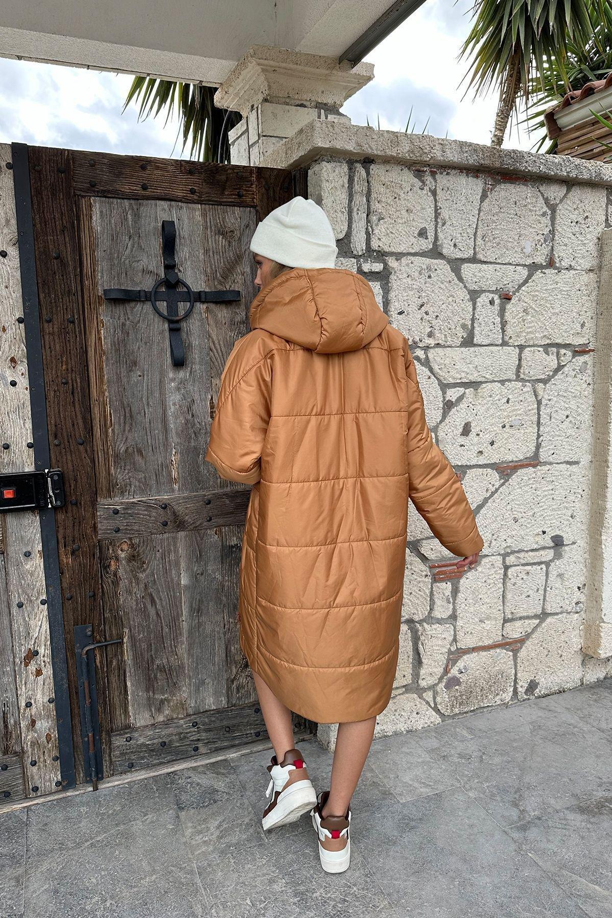 Brown Hooded Lined Quilted Coat, C101_6806, large image number 4