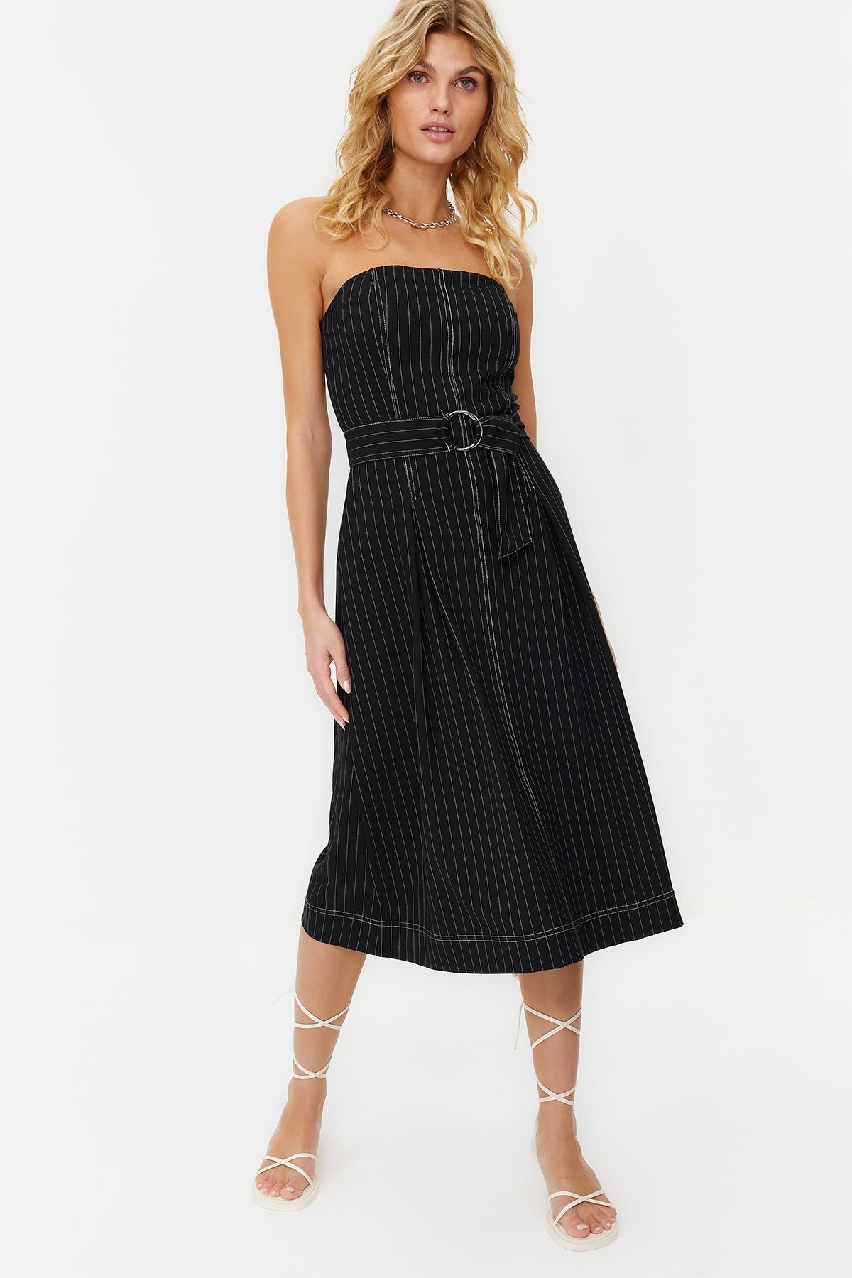 Black Flounce Striped Woven Dress, , large image number 0