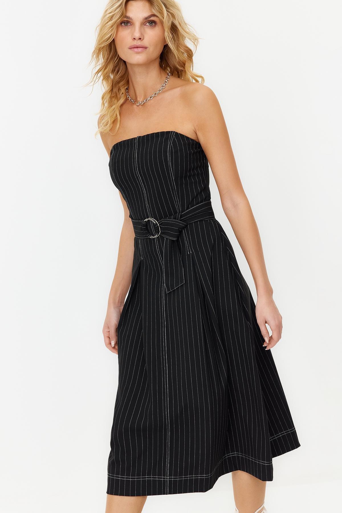 Black Flounce Striped Woven Dress, , large image number 1