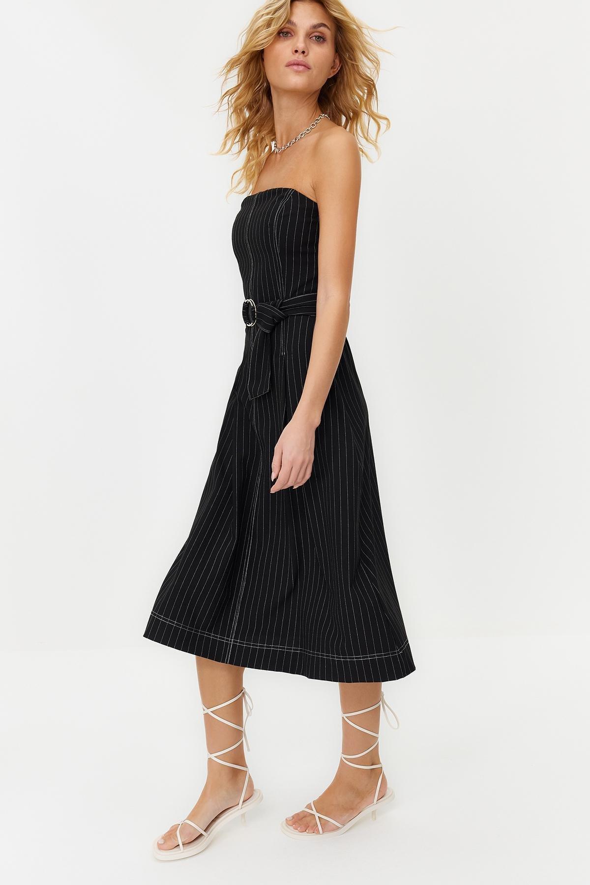 Black Flounce Striped Woven Dress, , large image number 2