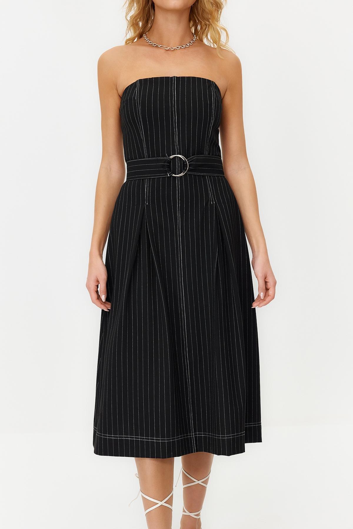 Black Flounce Striped Woven Dress, , large image number 4