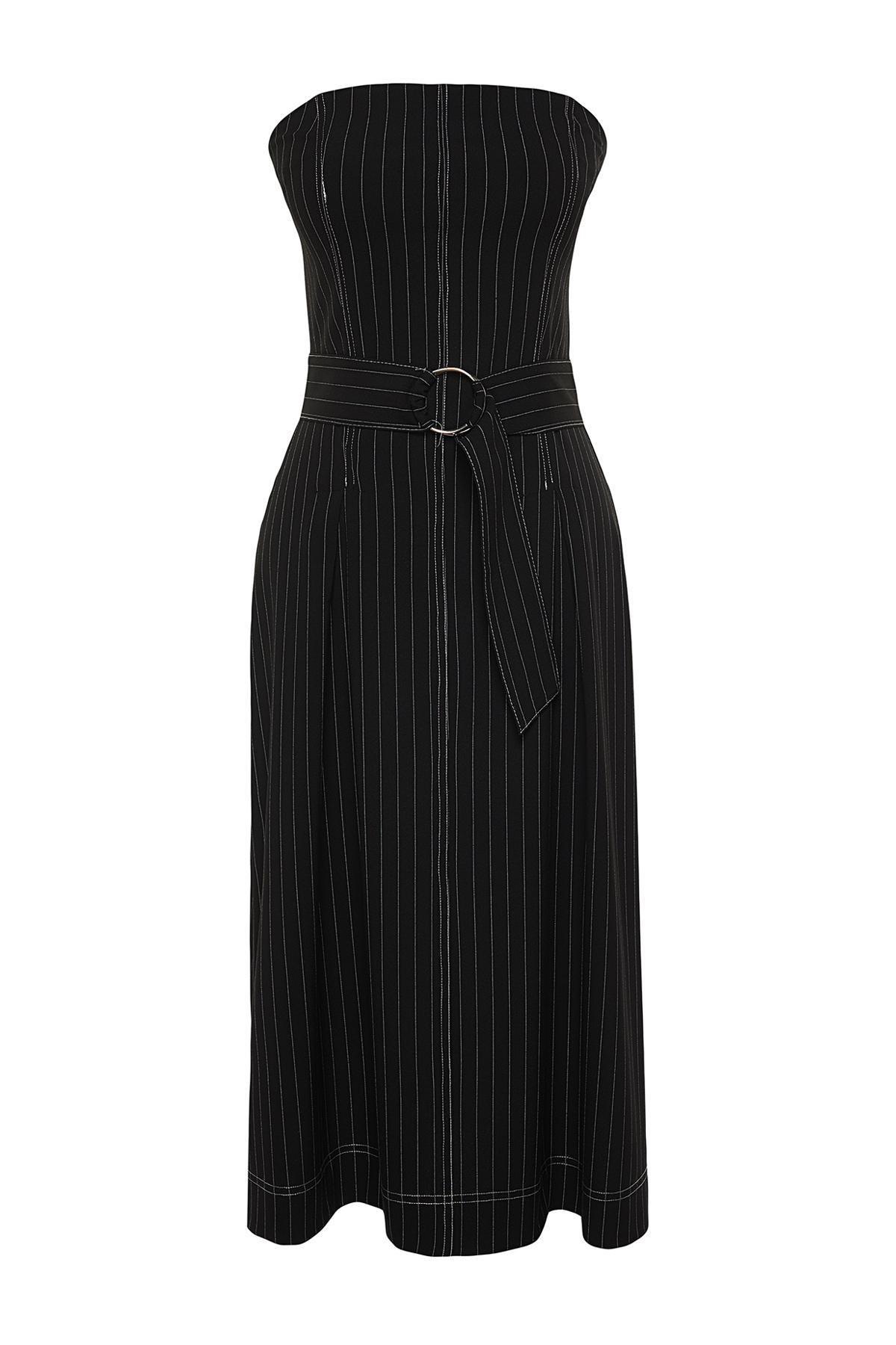 Black Flounce Striped Woven Dress, , large image number 5