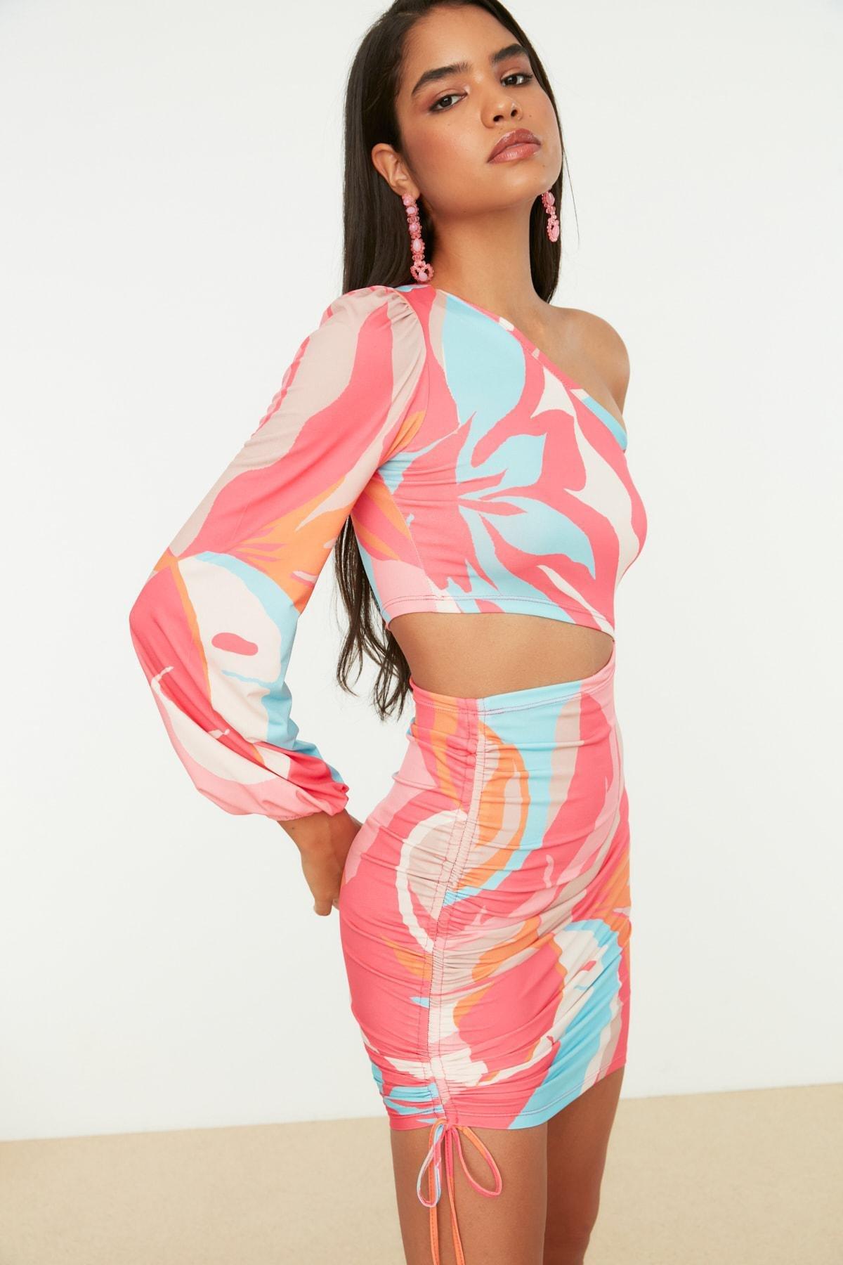 Multicolour Asymmetrical Collar Bodycon Dress, , large image number 6