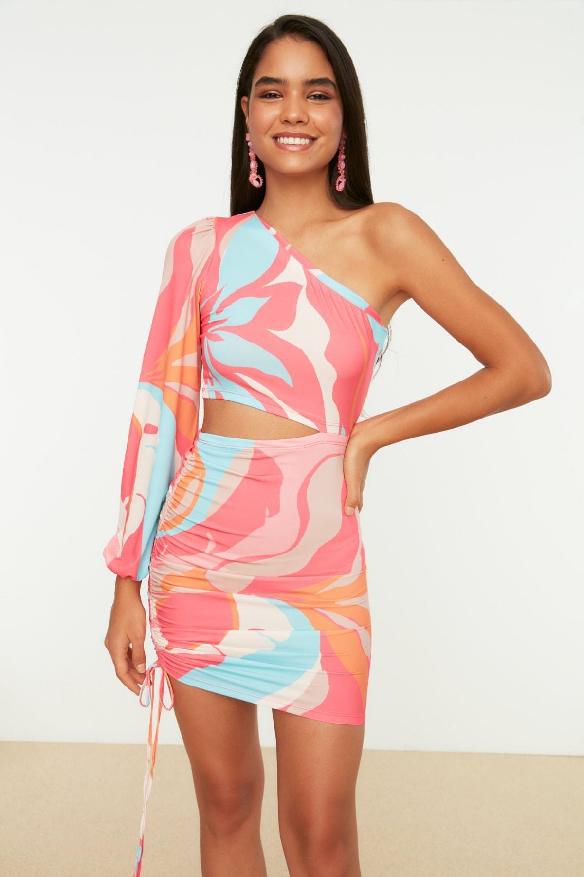 Multicolour Asymmetrical Collar Bodycon Dress, , large image number 8