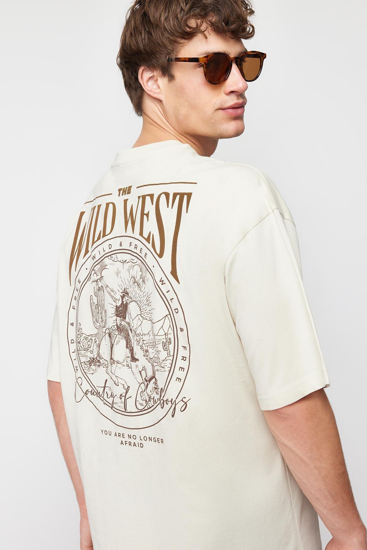 Beige Oversize Back Printed T-Shirt, , medium
