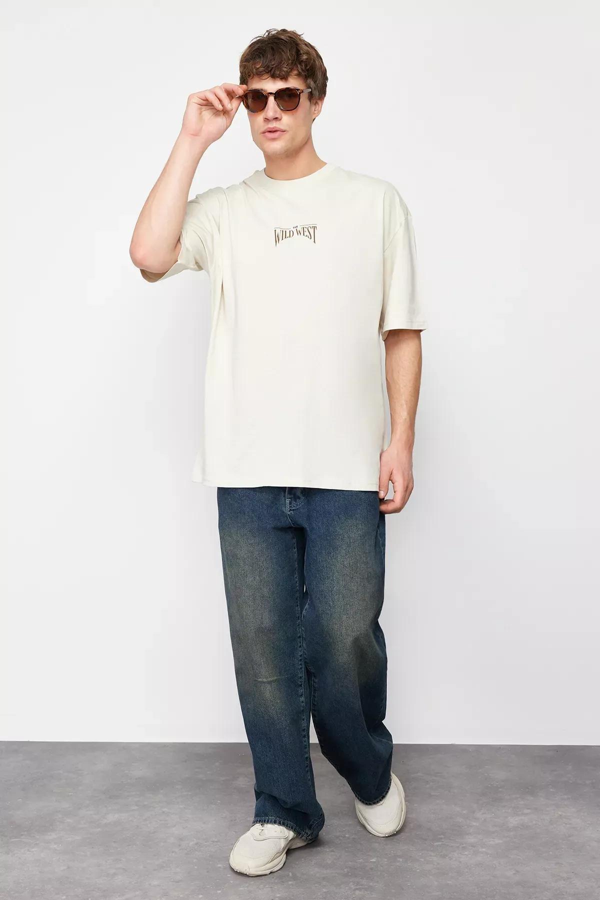 Beige Oversize Back Printed T-Shirt, , large image number 1