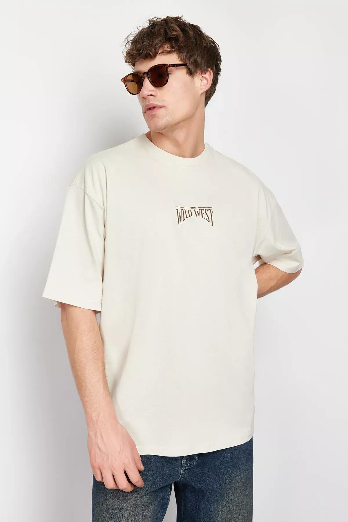 تيشيرت بقصة فضفاضة بطبعة على الظهر، بيج, STONE, large image number 3