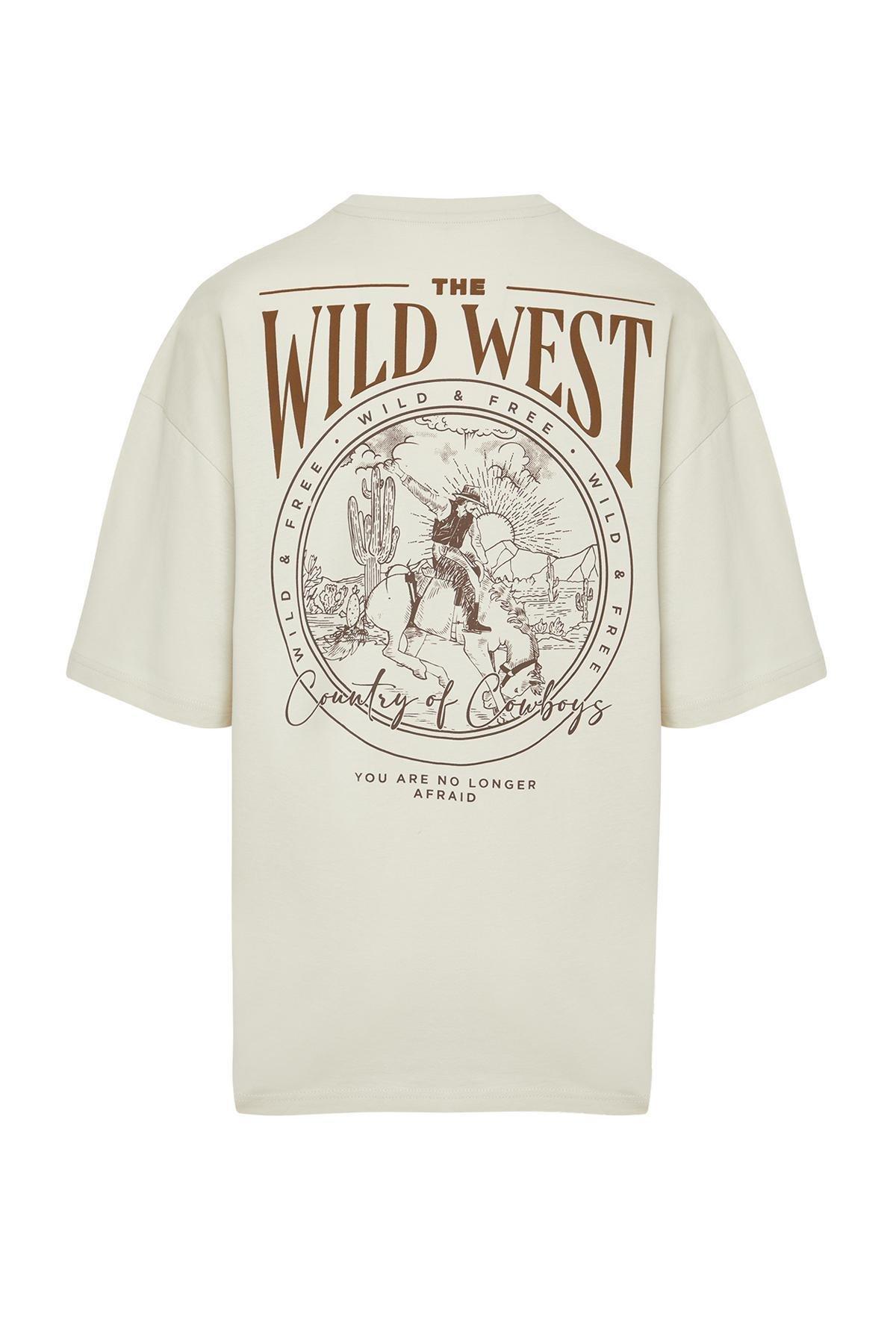 Beige Oversize Back Printed T-Shirt, , large image number 5