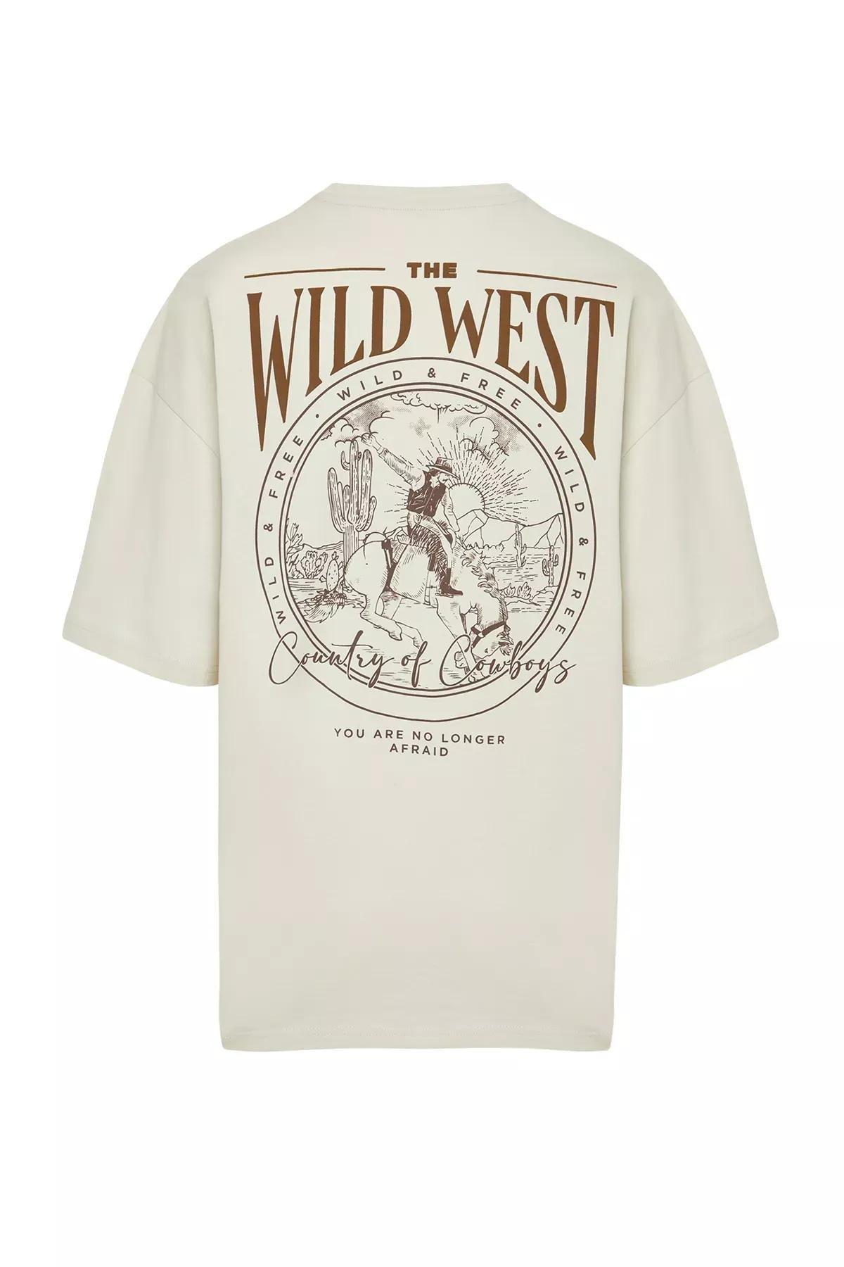 Beige Oversize Back Printed T-Shirt, , large image number 6