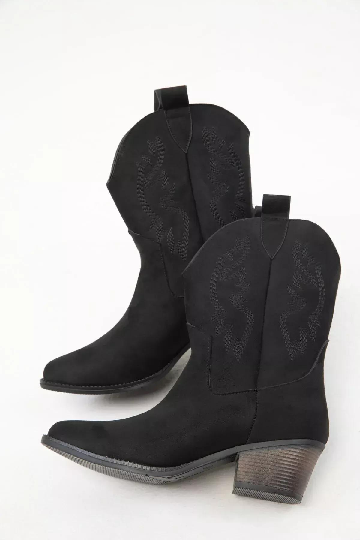 Black Embroidered Suede Boots, , large image number 1