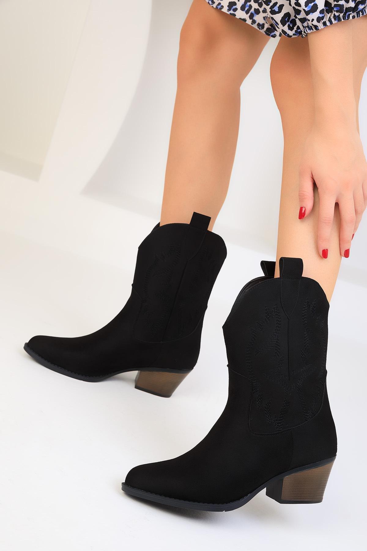Black Embroidered Suede Boots, , large image number 3