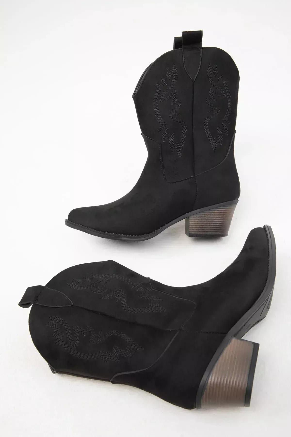 Black Embroidered Suede Boots, , large image number 3
