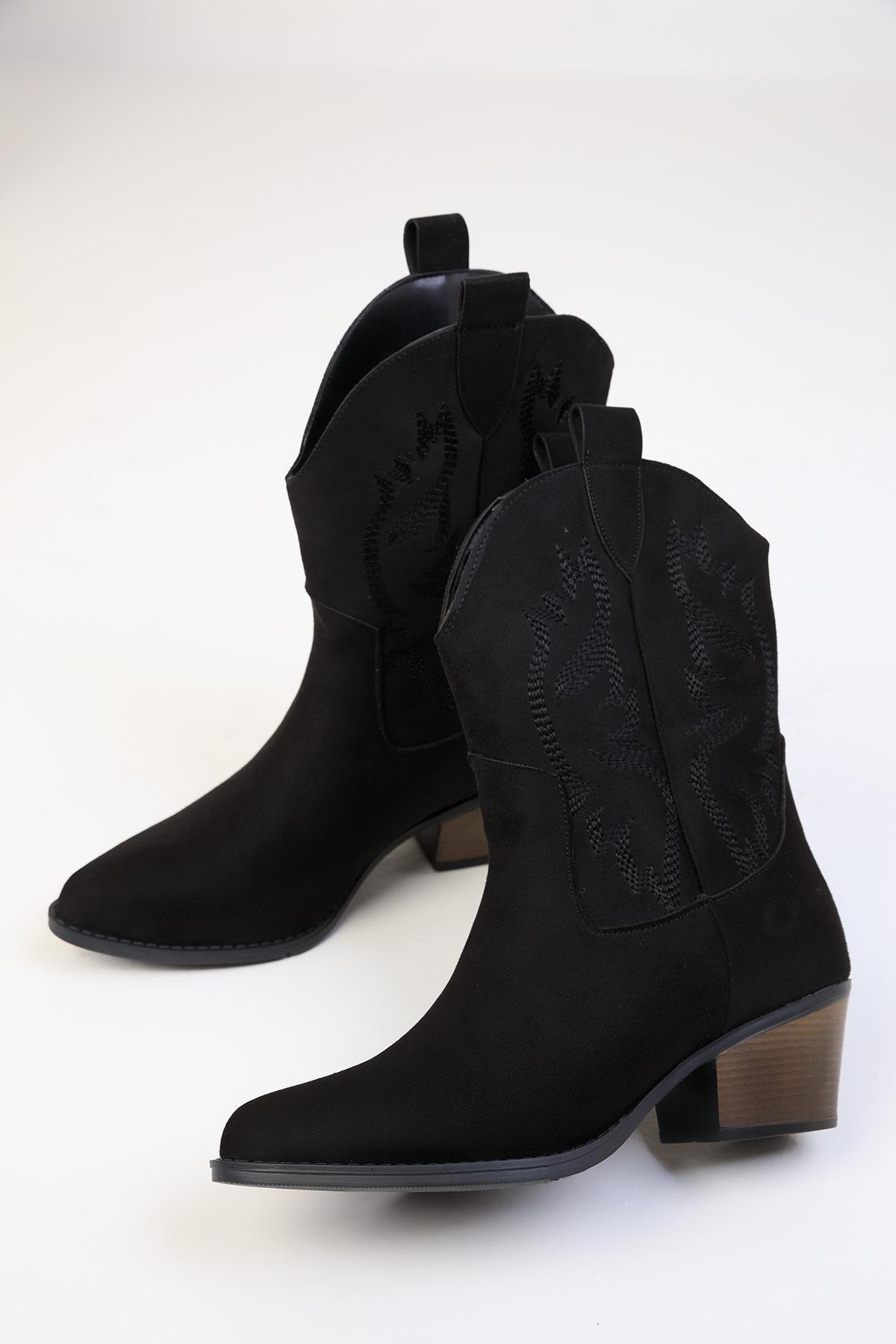 Black Embroidered Suede Boots, , large image number 4