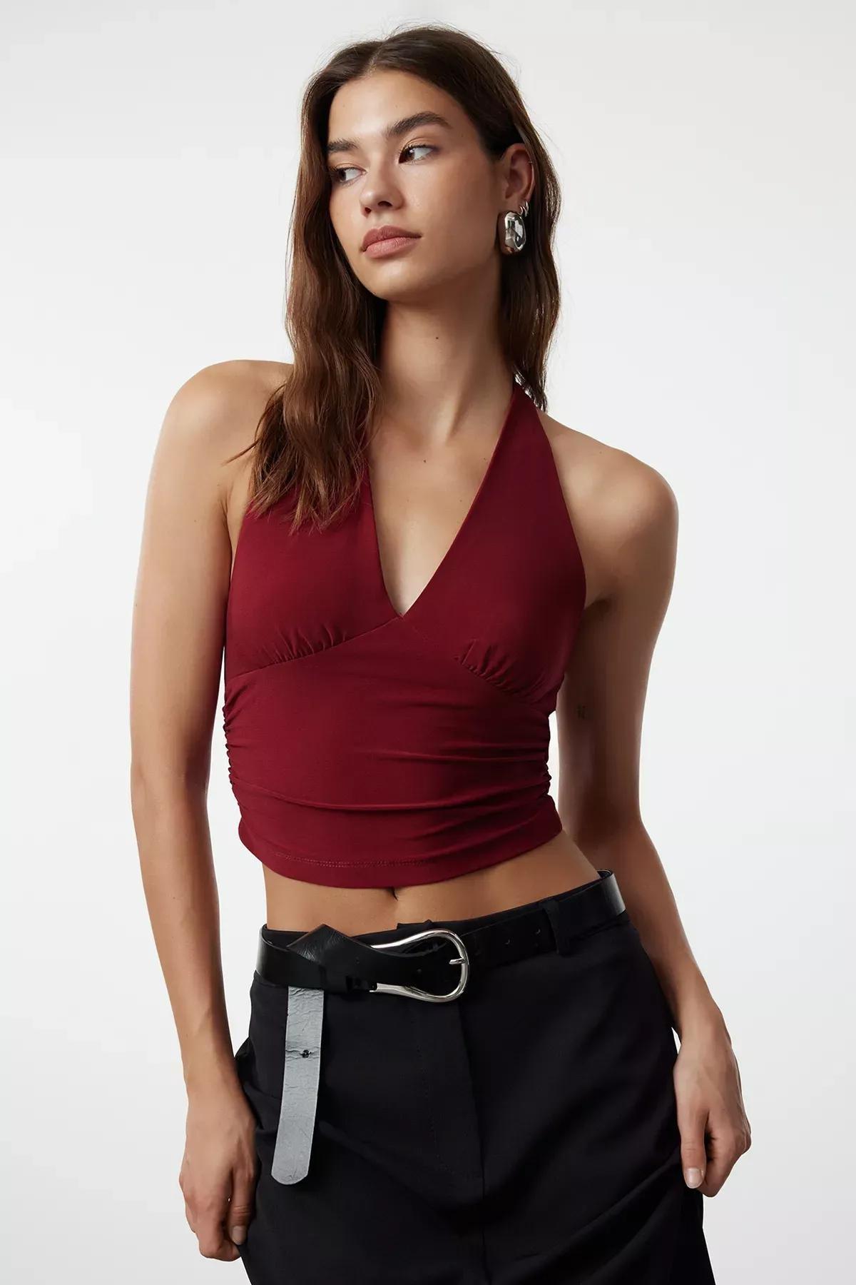 Burgundy Halter Neck Knitted Blouse, Burgundy, large image number 0