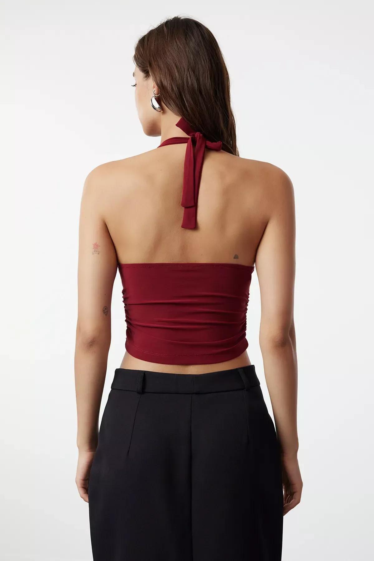 Burgundy Halter Neck Knitted Blouse, Burgundy, large image number 4