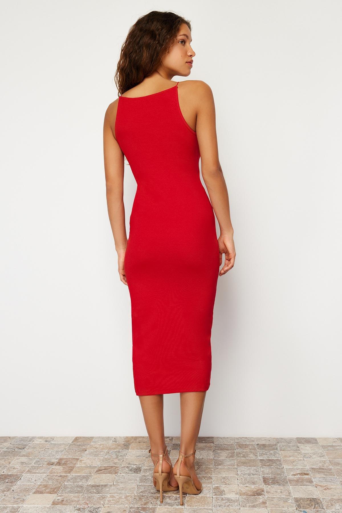 Red Halter Neck Knitted Midi Dress, , large image number 4