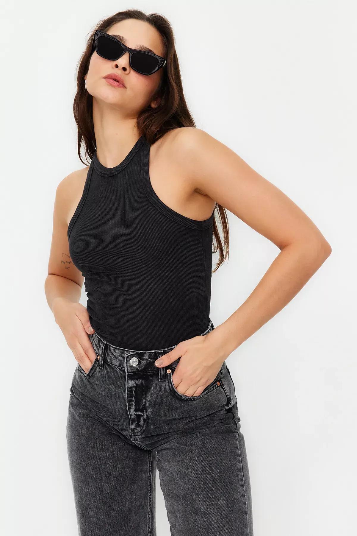 Grey Faded Effect Ribbed Knitted Undershirt, Anthracite, medium