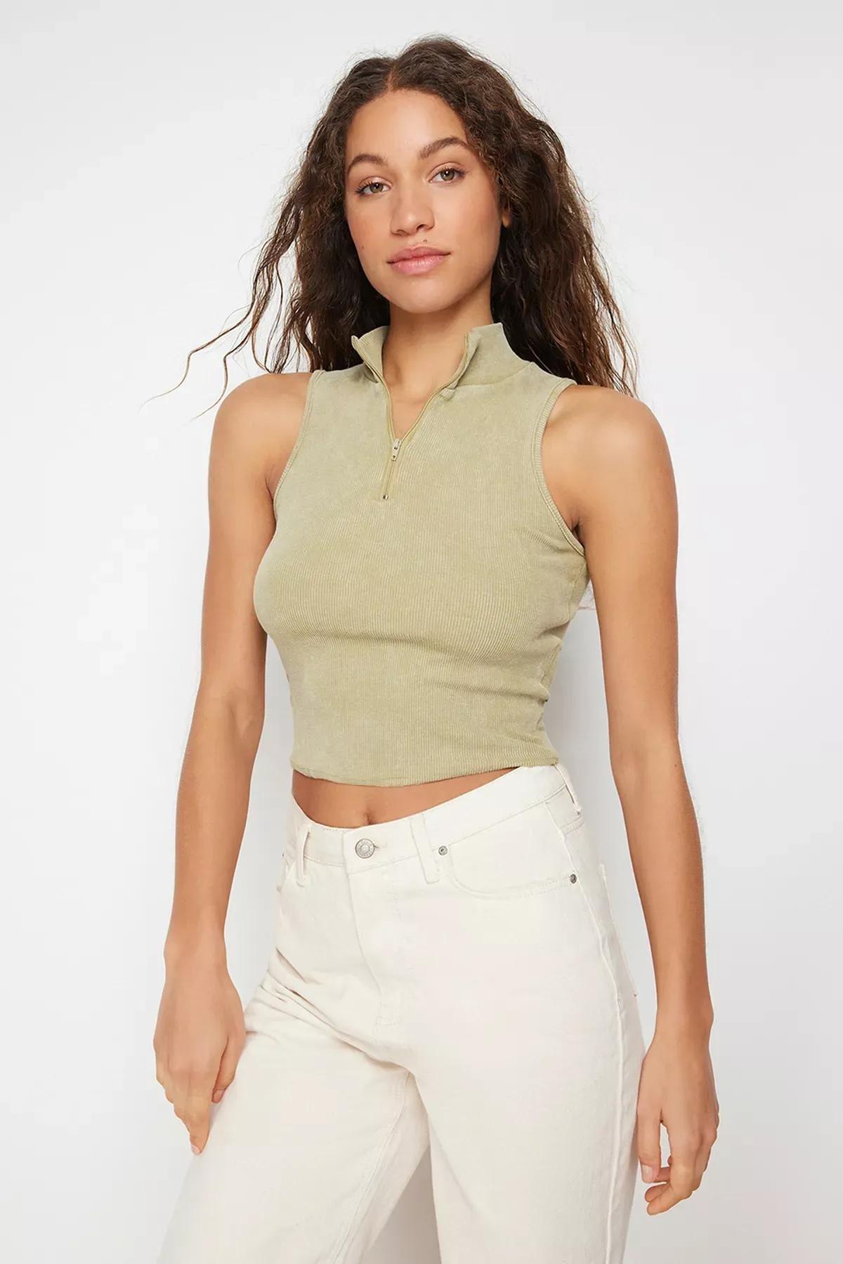 بلوزة مُحاكة من قماش مرن، كاكي, Khaki, large image number 1