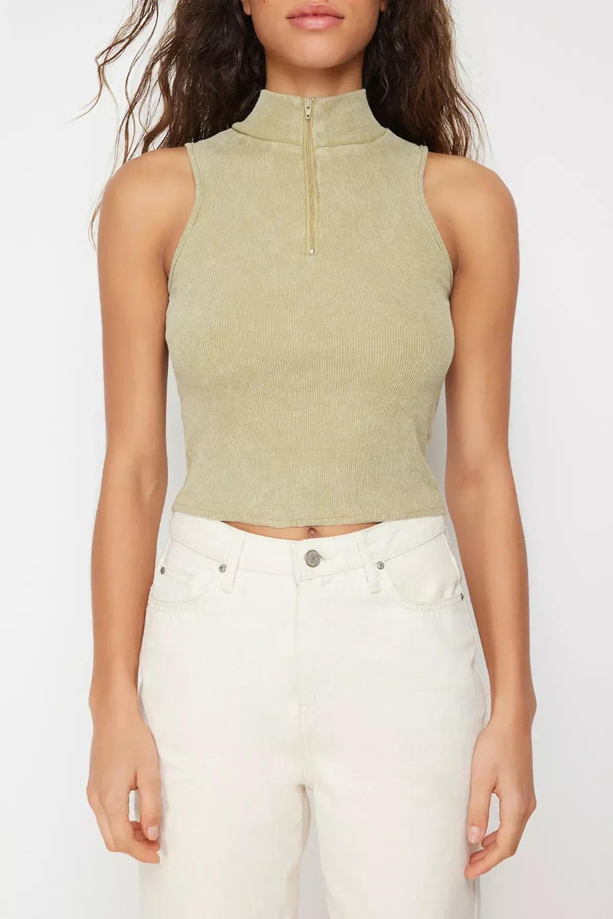 بلوزة مُحاكة من قماش مرن، كاكي, Khaki, large image number 3