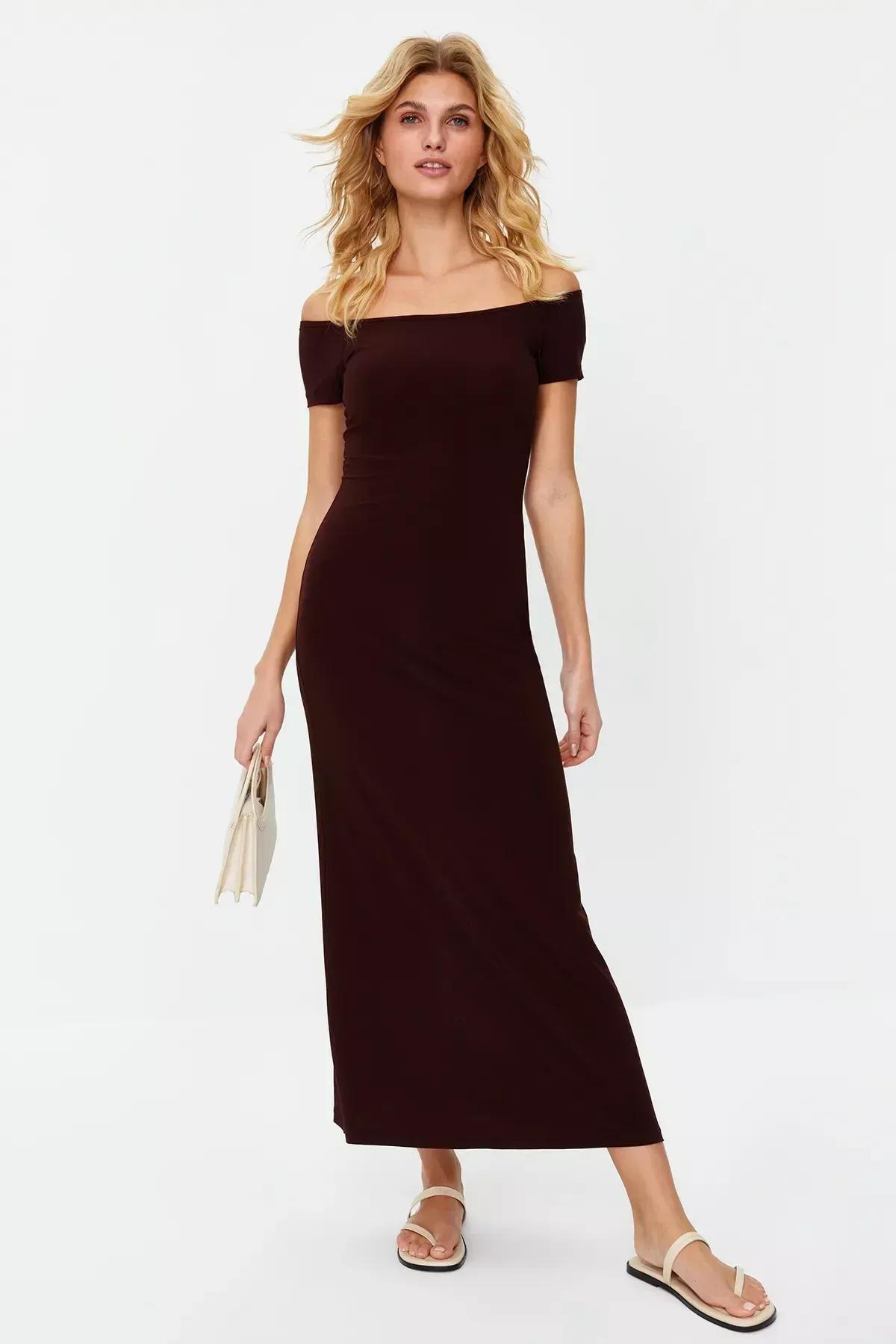 Brown Stretchy Knitted Maxi Dress, Brown, medium