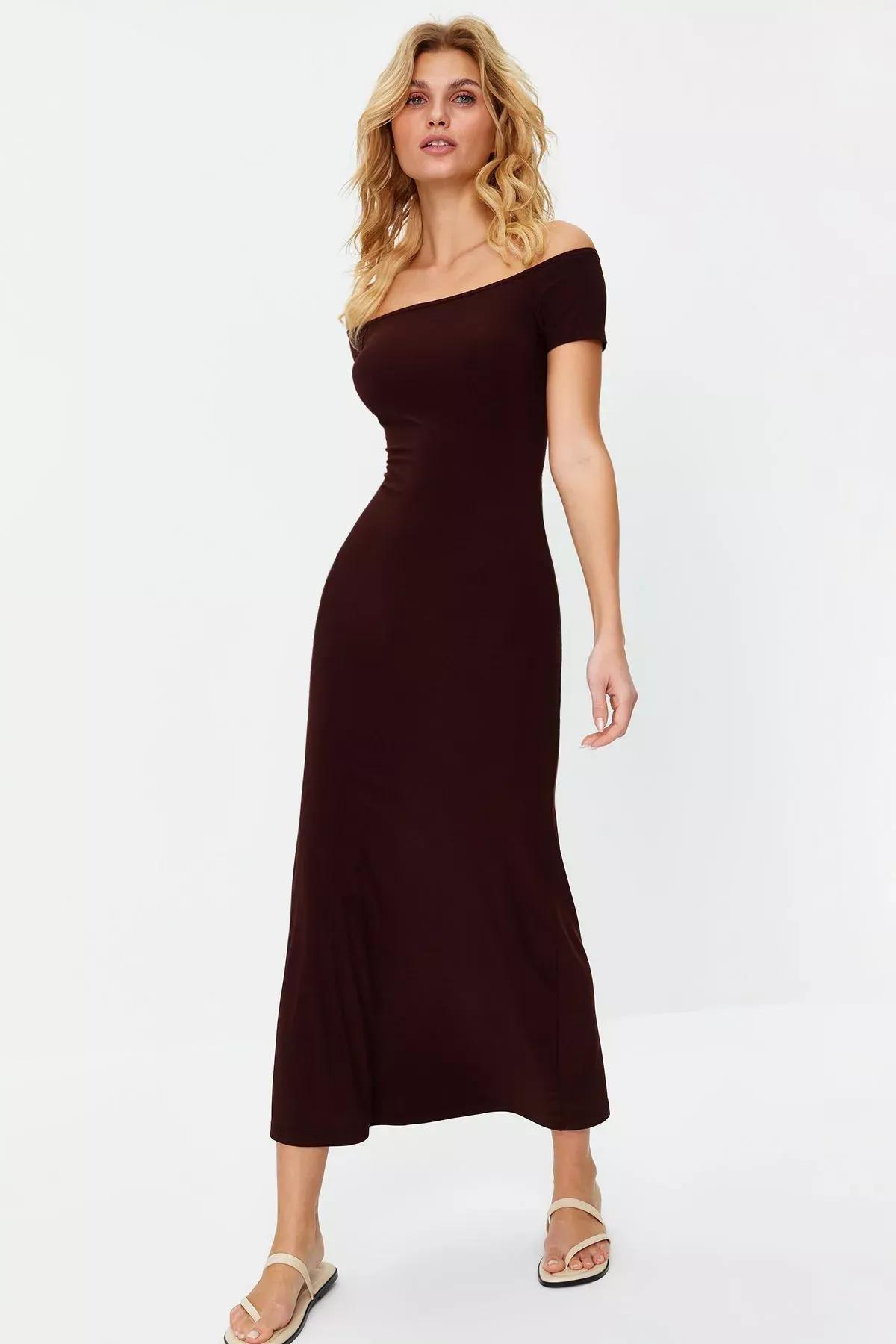 Brown Stretchy Knitted Maxi Dress, Brown, large image number 4
