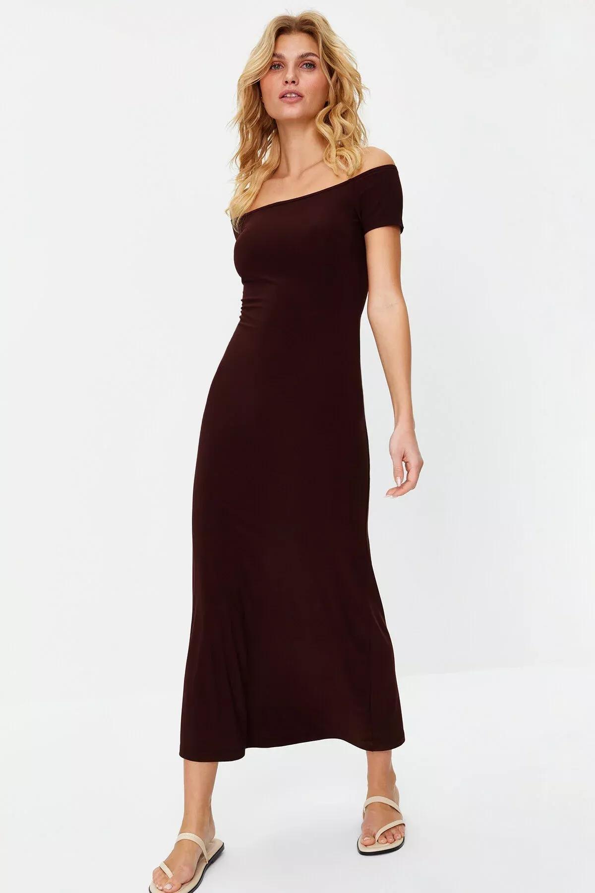 Brown Stretchy Knitted Maxi Dress, Brown, large image number 5