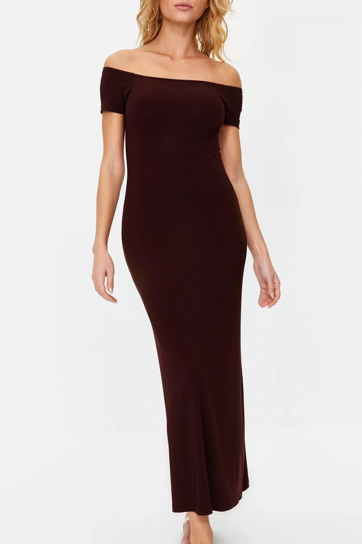 Brown Stretchy Knitted Maxi Dress, Brown, large image number 6