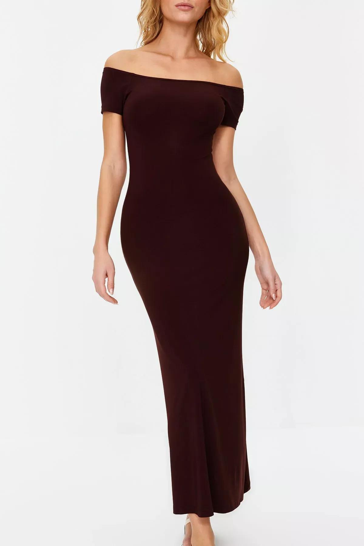 Brown Stretchy Knitted Maxi Dress, Brown, large image number 7
