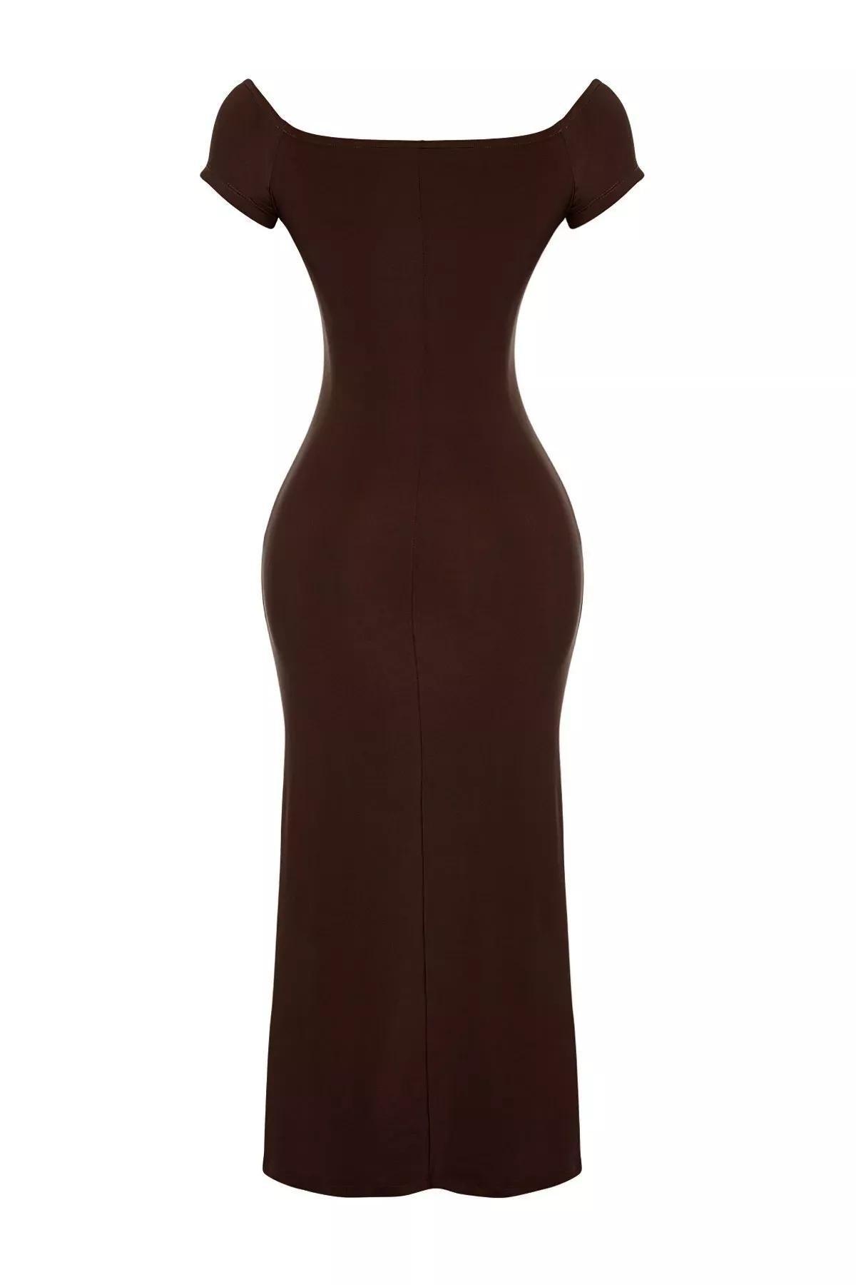 Brown Stretchy Knitted Maxi Dress, Brown, large image number 12