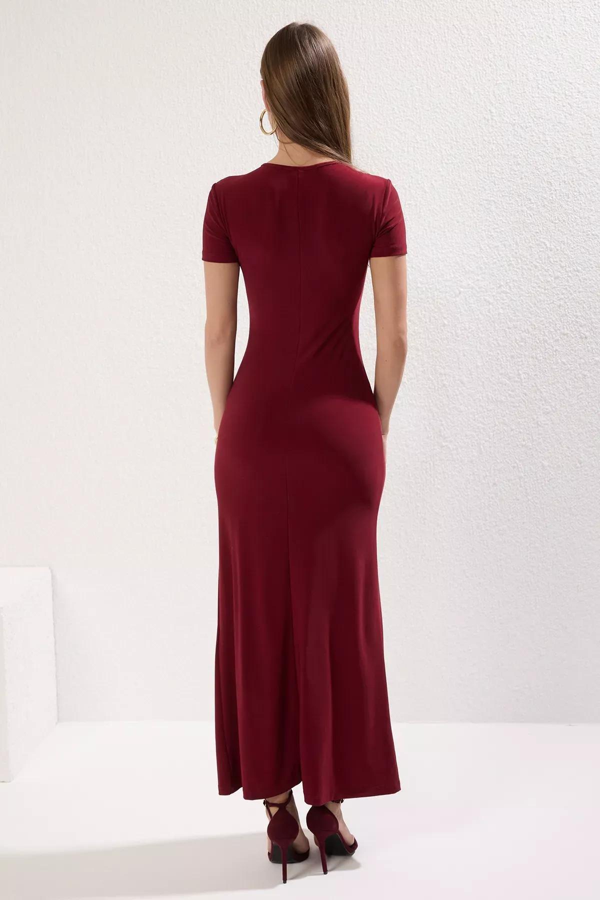 Burgundy Crew Neck Maxi Pencil Dress, , large image number 3