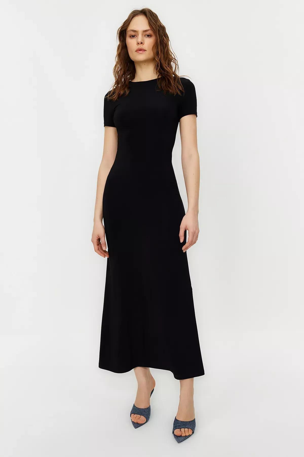 Black Short Sleeve Bodycon Maxi Dress, , medium