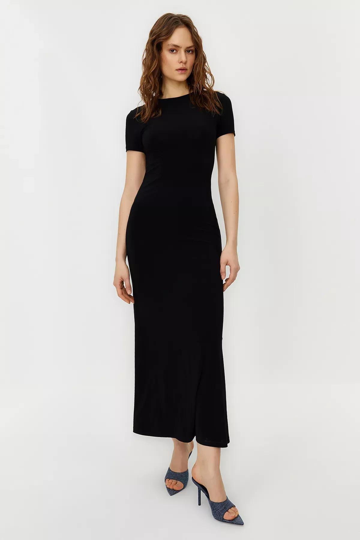 Black Short Sleeve Bodycon Maxi Dress, BLACK, large image number 1