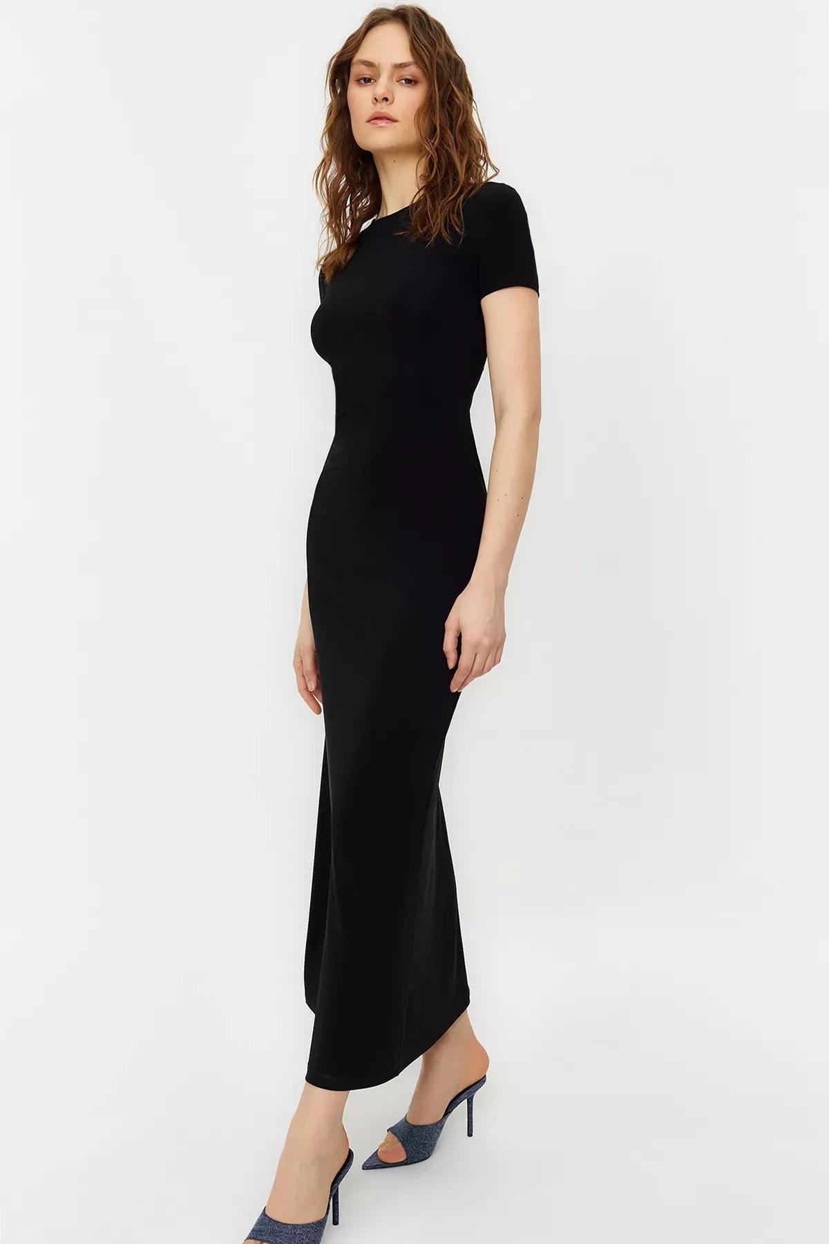 Black Short Sleeve Bodycon Maxi Dress, BLACK, large image number 2